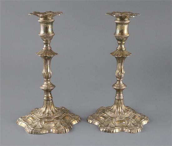 A pair of George II silver candlesticks, London 1758, John Hyatt & Charles Semore, 38.5 oz.